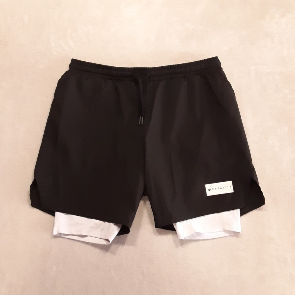 Mentality Mens 2 In 1 Athletic Shorts XL Black White Liner Drawstring